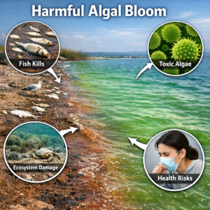 How do harmful algal blooms affect seafood safety?
